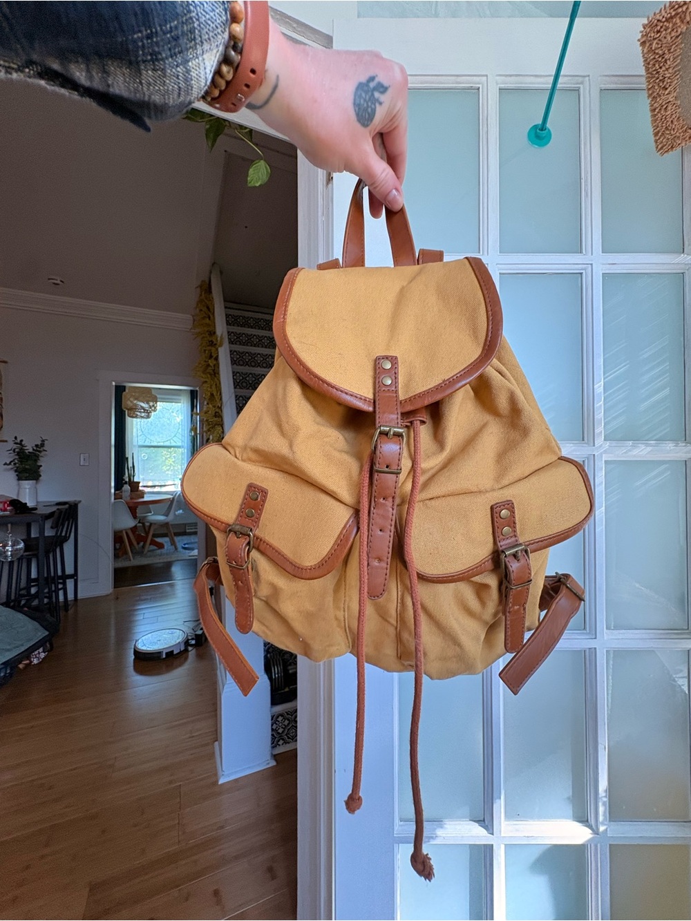 Classic Tan Canvas Backpack with Brown Leather Trim